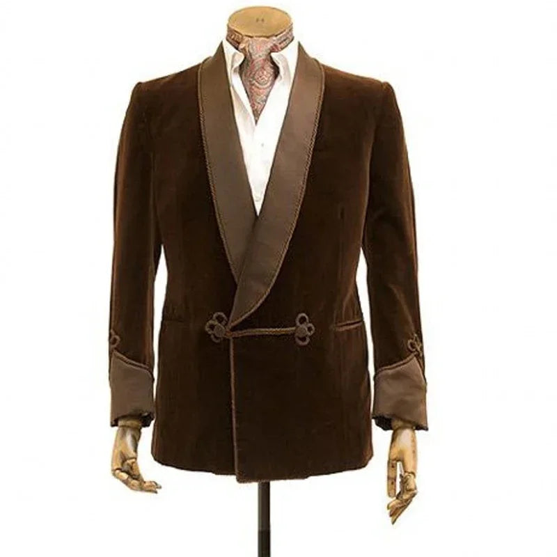 Brown Velvet Smoking Jacket With Double Breasted