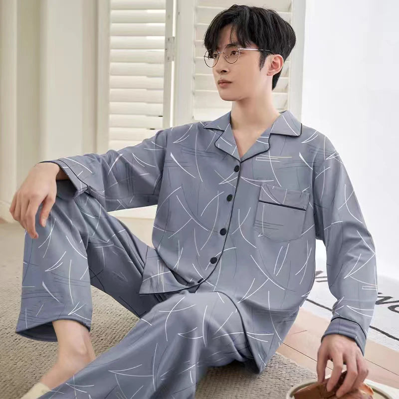 Pajamas Men's Long-Sleeved Spring Summer Men's Thin Youth Loose Home Clothes Two-Piece Suit