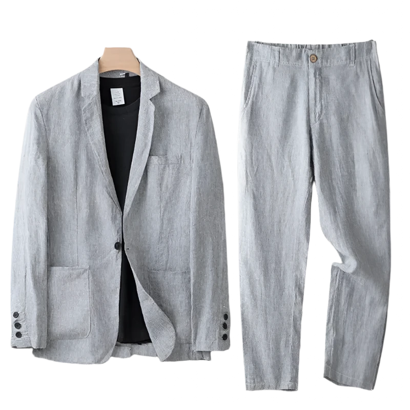 Spring Autumn Fashion Men Linen Two-piece Set Blazer Jacket + Pants Solid Slim Fit Casual Business Thin Clothing Breathable Suit