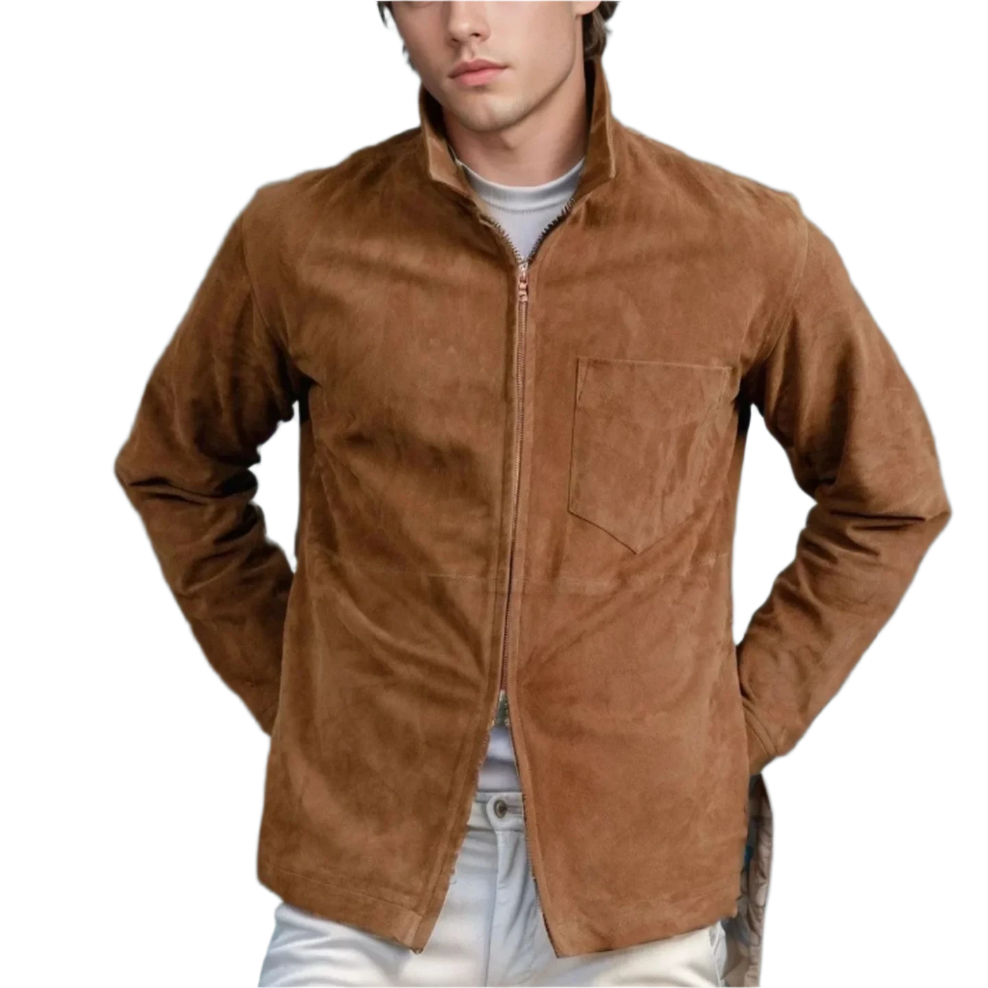 Suede Fleece Stand Collar Zipper shirt