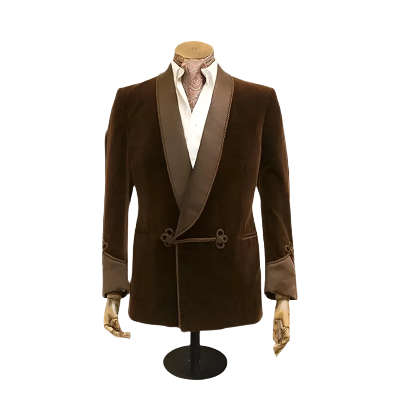 Brown Velvet Smoking Jacket With Double Breasted