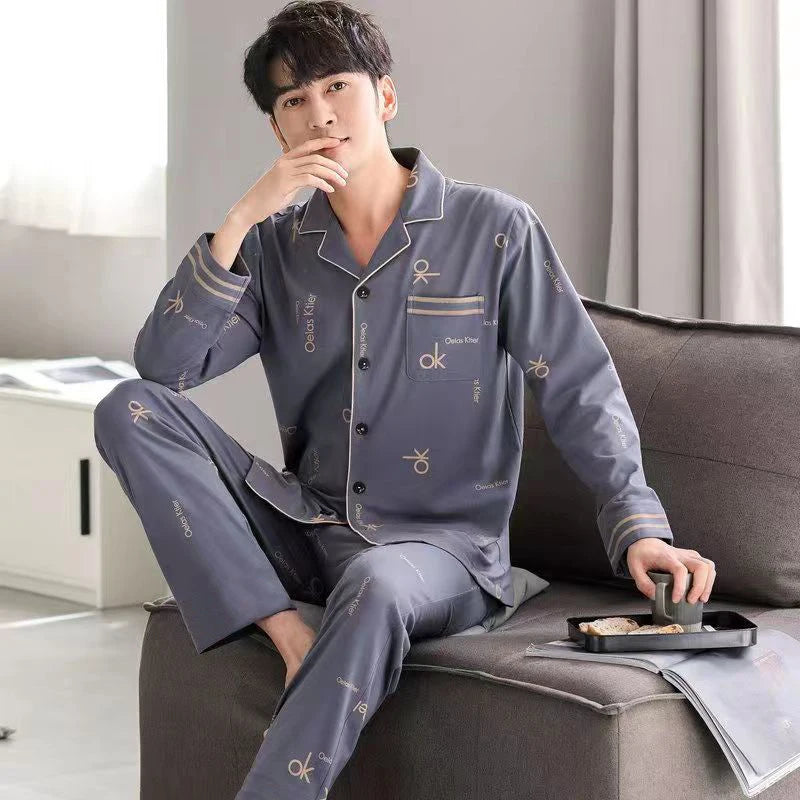 Pajamas Men's Long-Sleeved Spring Summer Men's Thin Youth Loose Home Clothes Two-Piece Suit