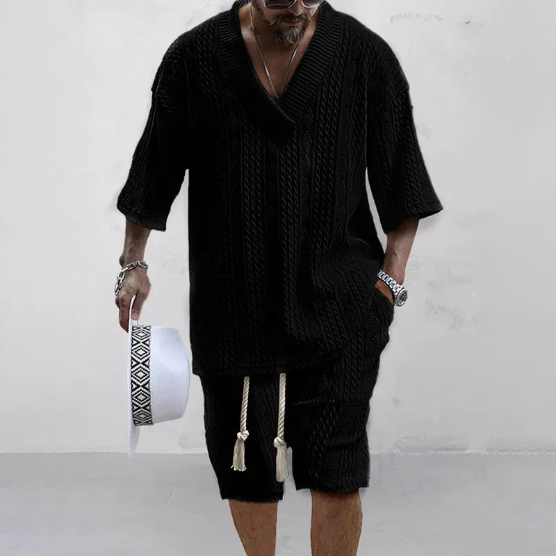 Knitted Two Piece Men's Clothing V-Neck Short Sleeve T-shirt