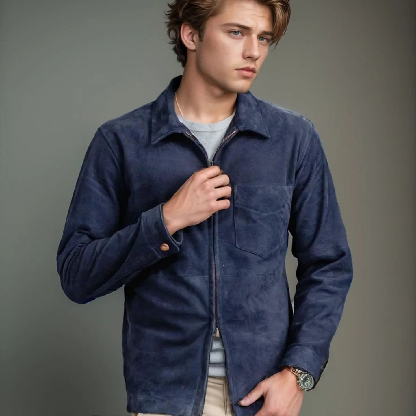 Suede Fleece Stand Collar Zipper shirt