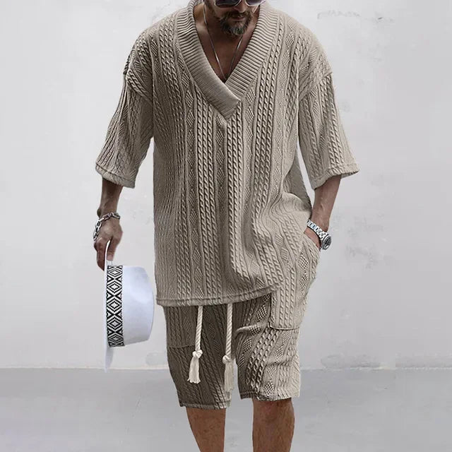 Knitted Two Piece Men's Clothing V-Neck Short Sleeve T-shirt