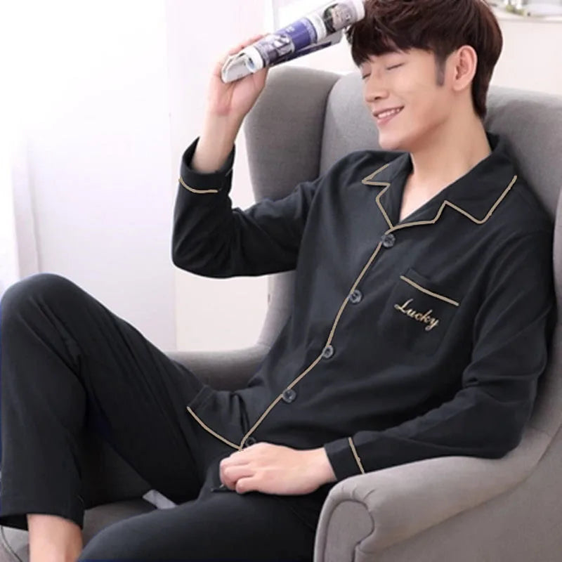 Pajamas Men's Long-Sleeved Spring Summer Men's Thin Youth Loose Home Clothes Two-Piece Suit