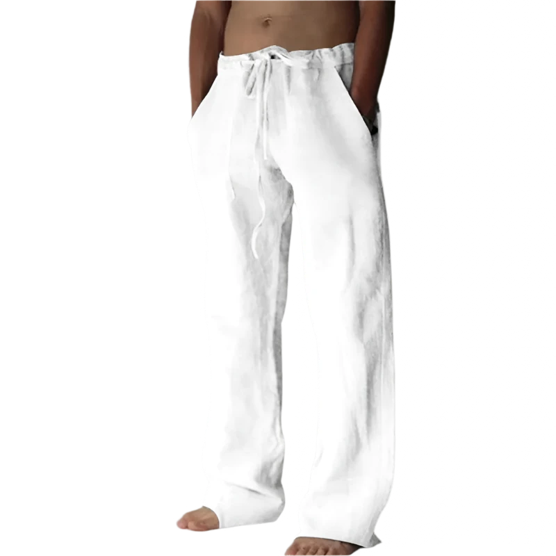 Men's Cotton Linen Long Pants Summer Solid Color Breathable Linen Trousers Male Casual Elastic Waist Casual Pants Harajuku Trous
