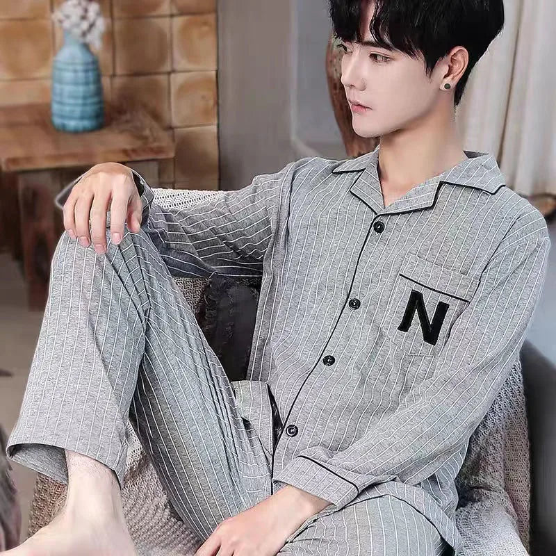 Pajamas Men's Long-Sleeved Spring Summer Men's Thin Youth Loose Home Clothes Two-Piece Suit