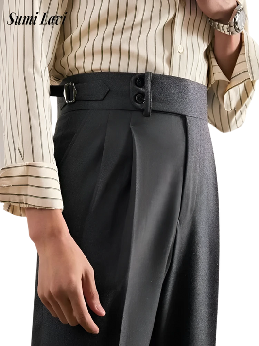 Trendy High Waist Belt Design Suit Trousers For Mens Spring Fall Casual Solid Color Pleated Slim Pants Men Vintage Straight Pant