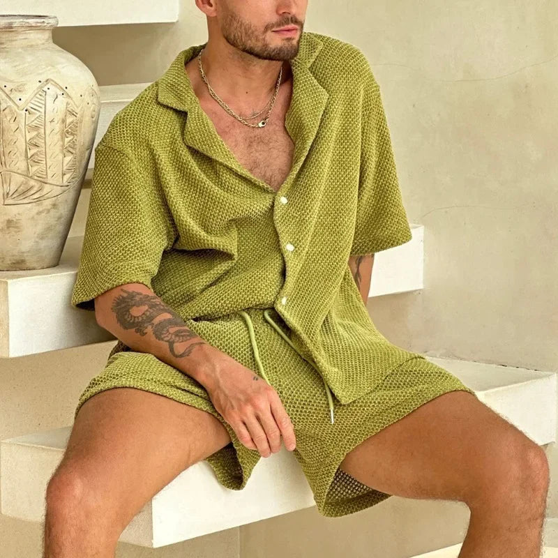 Beach Style Breathable Knitted Mens Set Summer