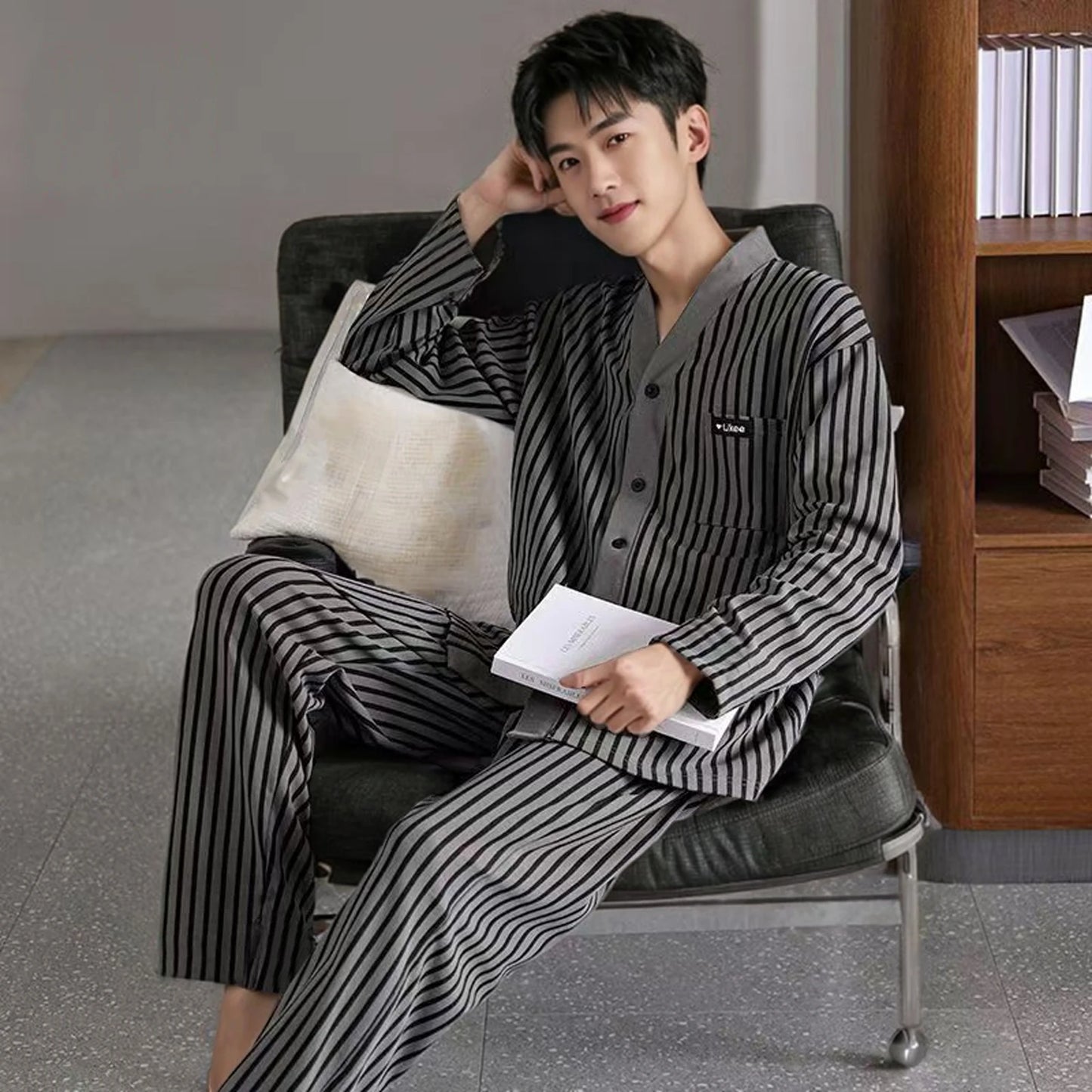 Pajamas Men's Long-Sleeved Spring Summer Men's Thin Youth Loose Home Clothes Two-Piece Suit
