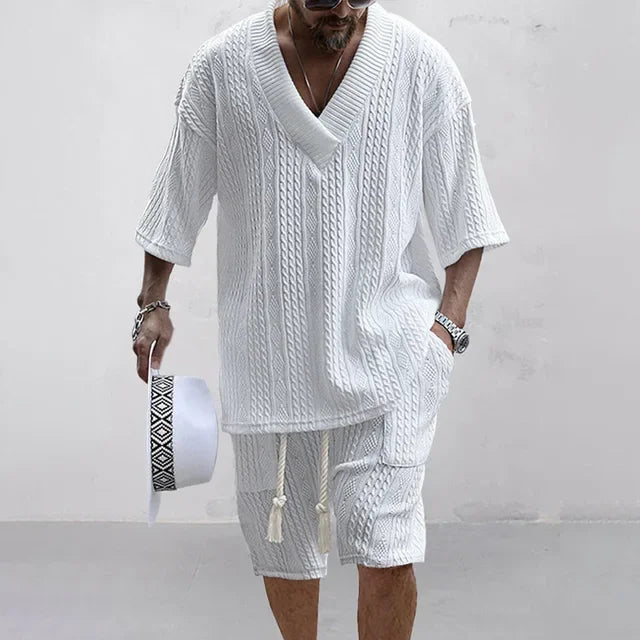 Knitted Two Piece Men's Clothing V-Neck Short Sleeve T-shirt