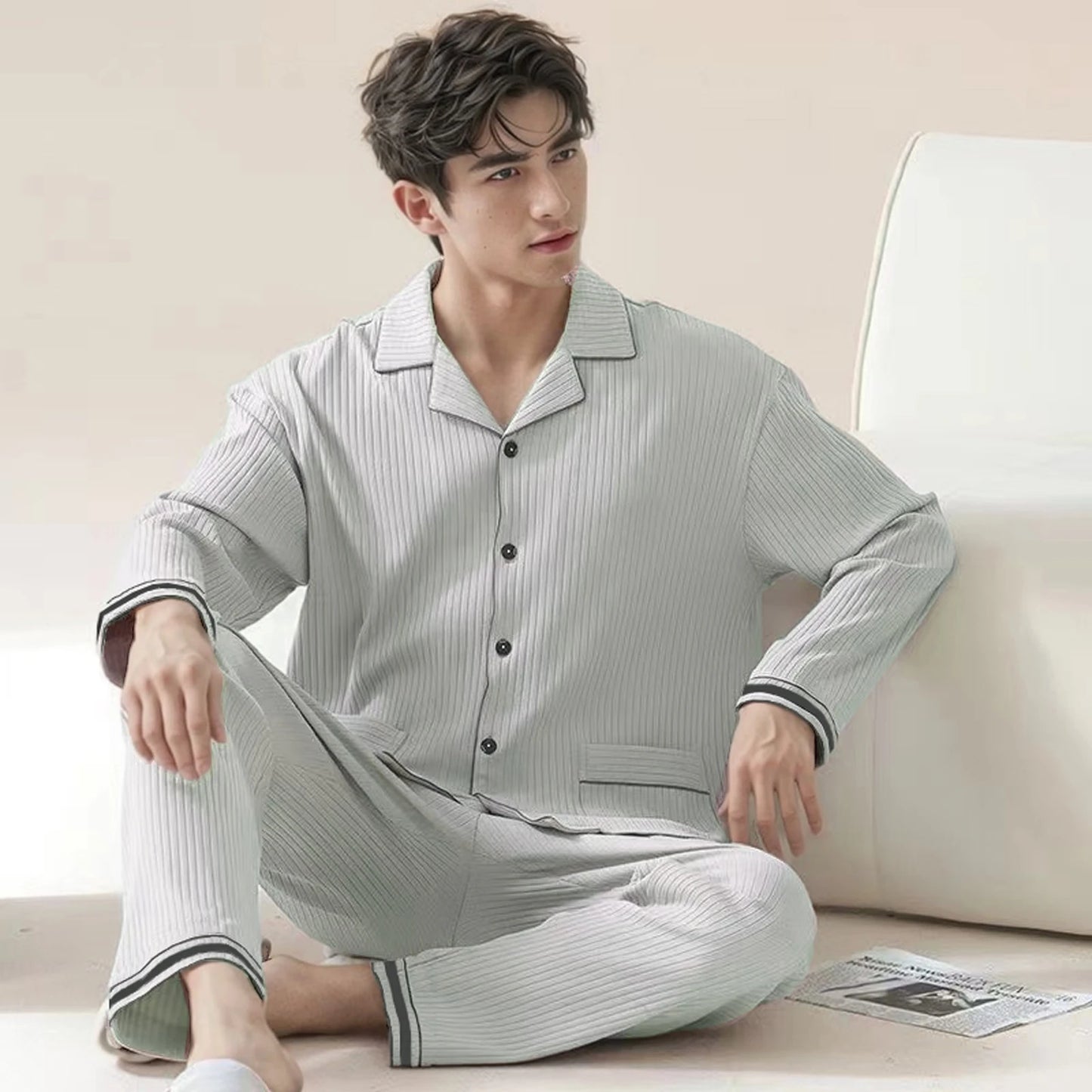 Pajamas Men's Long-Sleeved Spring Summer Men's Thin Youth Loose Home Clothes Two-Piece Suit