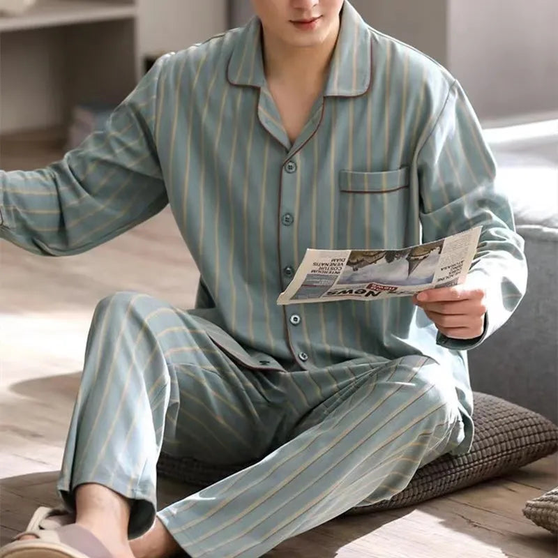 Pajamas Men's Long-Sleeved Spring Summer Men's Thin Youth Loose Home Clothes Two-Piece Suit
