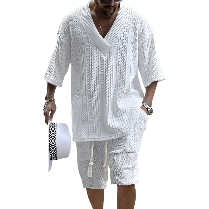 Knitted Two Piece Men's Clothing V-Neck Short Sleeve T-shirt