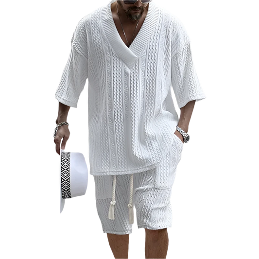 Knitted Two Piece Men's Clothing V-Neck Short Sleeve T-shirt