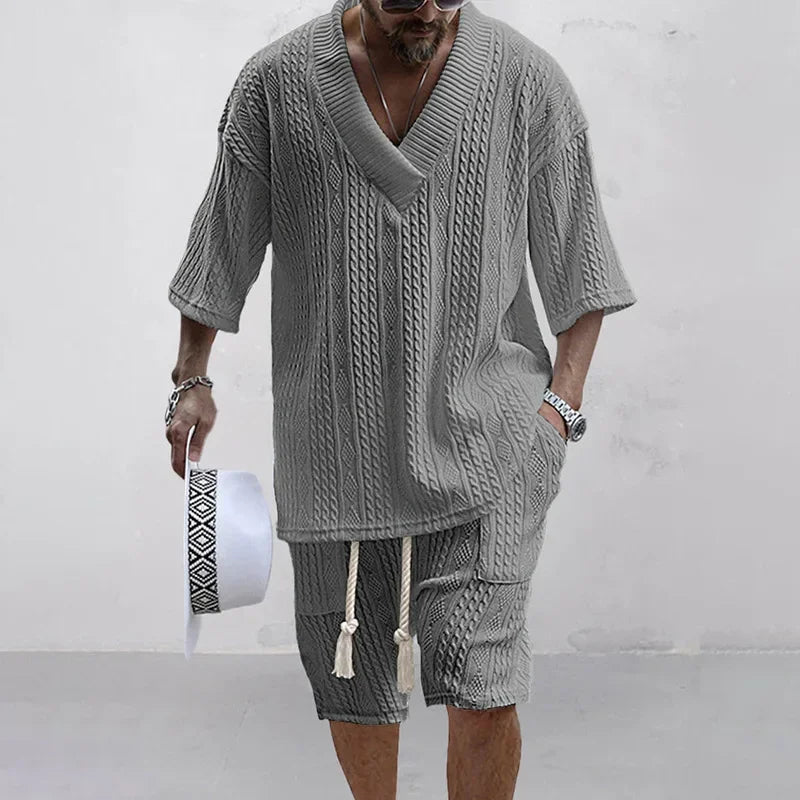 Knitted Two Piece Men's Clothing V-Neck Short Sleeve T-shirt