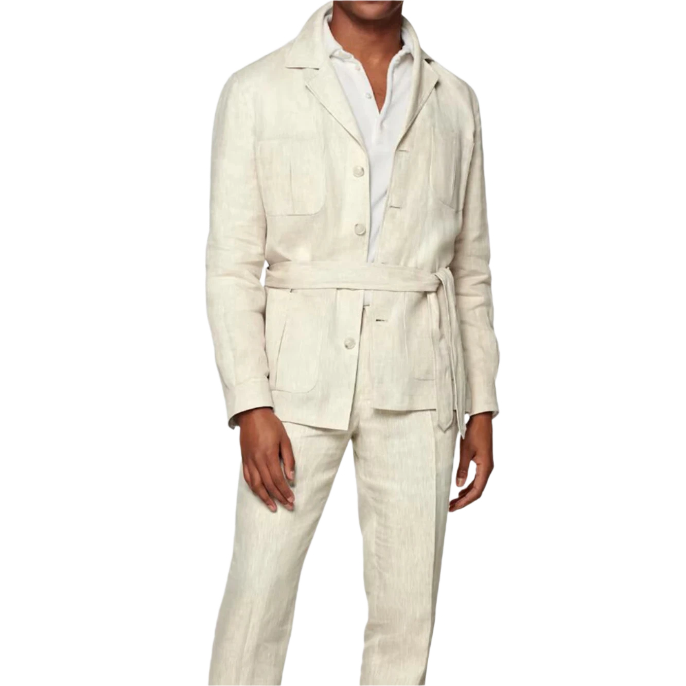 Set Linen Men's Suits With Belt Tuxedo Summer Casual Style