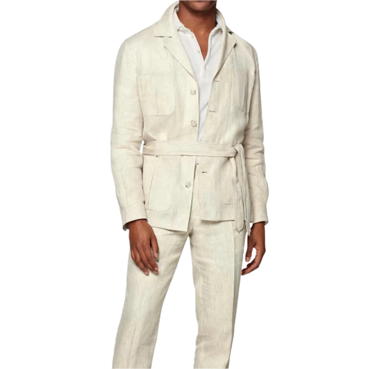 Set Linen Men's Suits With Belt Tuxedo Summer Casual Style