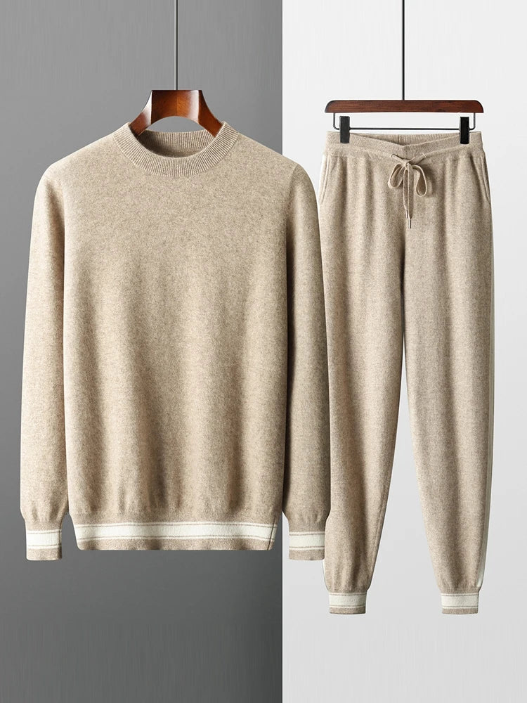 100% Cashmere Sweater Suit O Neck Pullover Casual Pants Luxury Soft Knitwear Autumn Winter Thick Warm Clothing