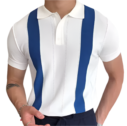 Knitted Patchwork Short Sleeve Polo Shirt Lapel Button