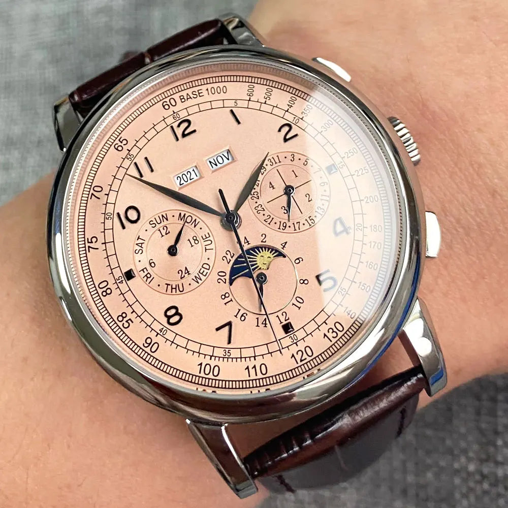 Automatic Watch for Men Multification Date Day Month Year 316L Mechanical Men's Watch Polished Case Day/Night Indicator 42mm