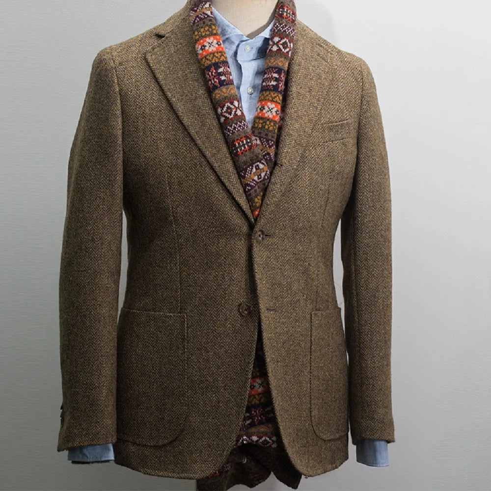 Men's Suit Brown Blazer Prom Tuxedos Herringbone Wool
