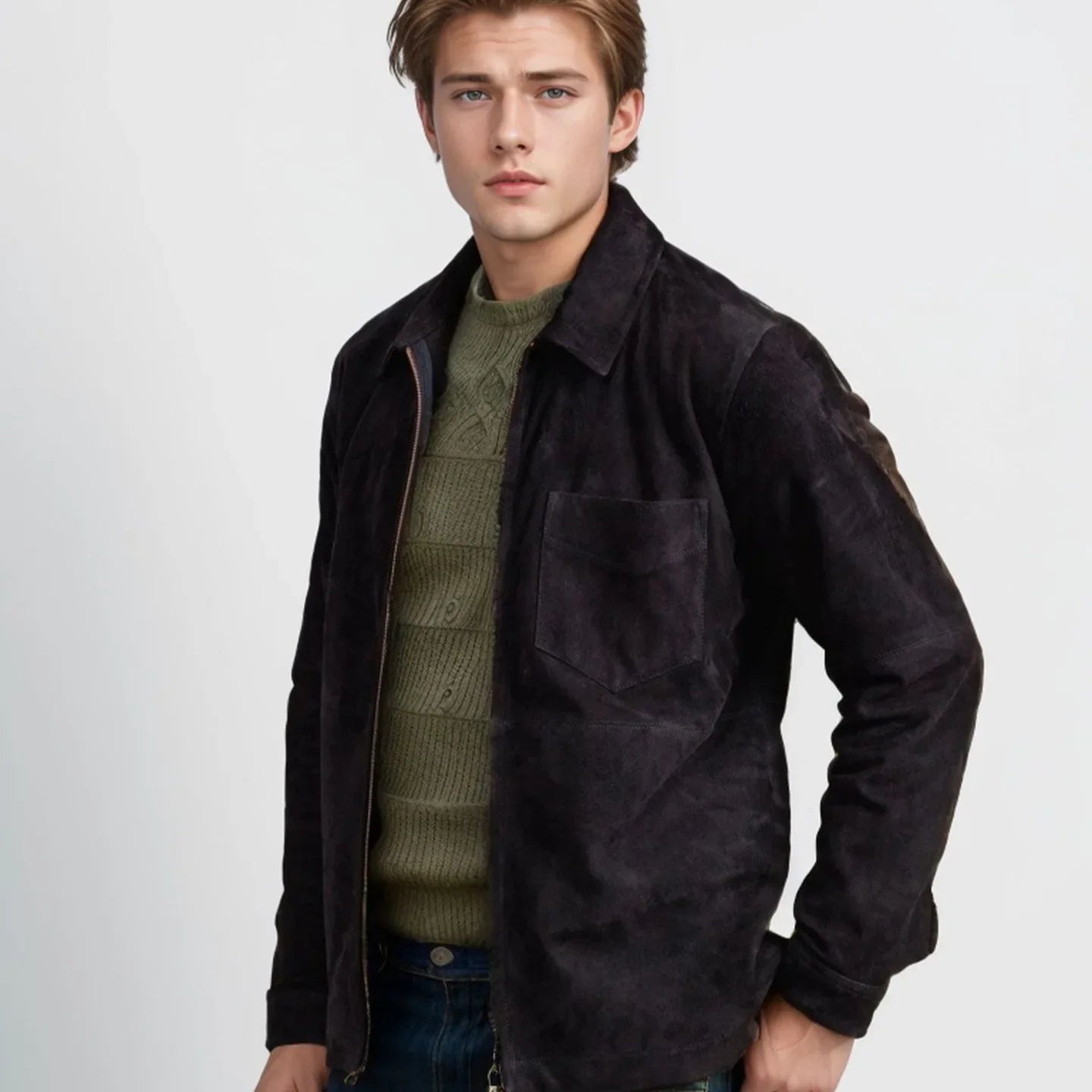 Suede Fleece Stand Collar Zipper shirt