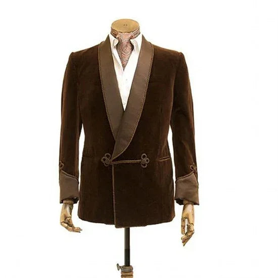 Brown Velvet Smoking Jacket With Double Breasted