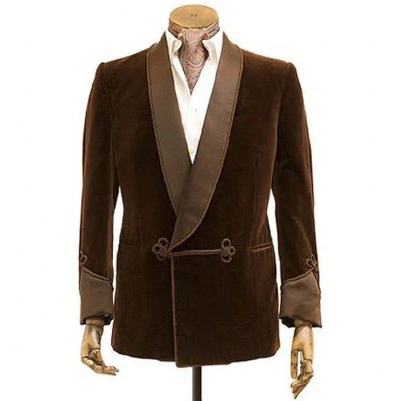 Brown Velvet Smoking Jacket With Double Breasted