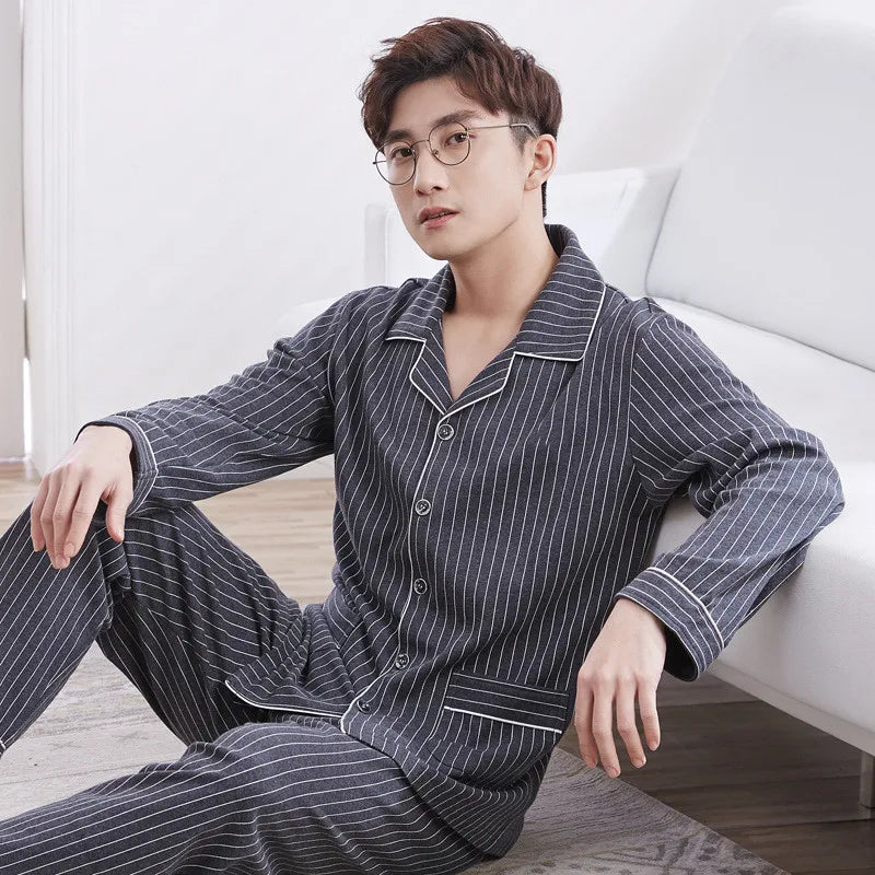 Pajamas Men's Long-Sleeved Spring Summer Men's Thin Youth Loose Home Clothes Two-Piece Suit