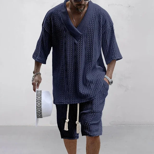 Knitted Two Piece Men's Clothing V-Neck Short Sleeve T-shirt